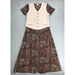 Vintage Apostrophe Maxi A Line Dress with Vest Set Size M Animal Print Brown